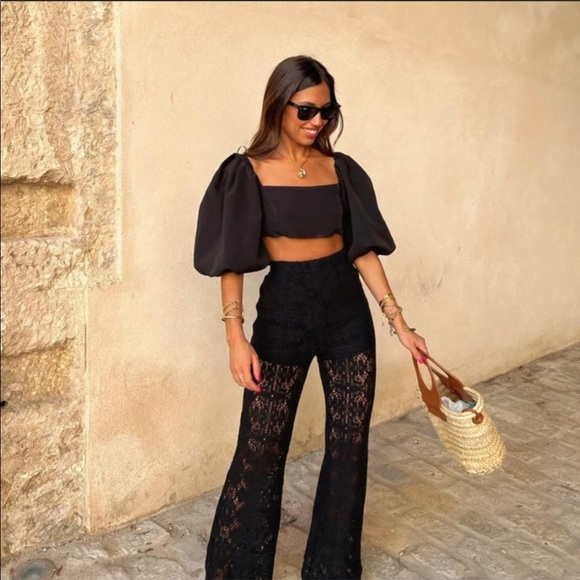 Zara crochet flared black knit pants beads and tassels - Picture 7 of 16